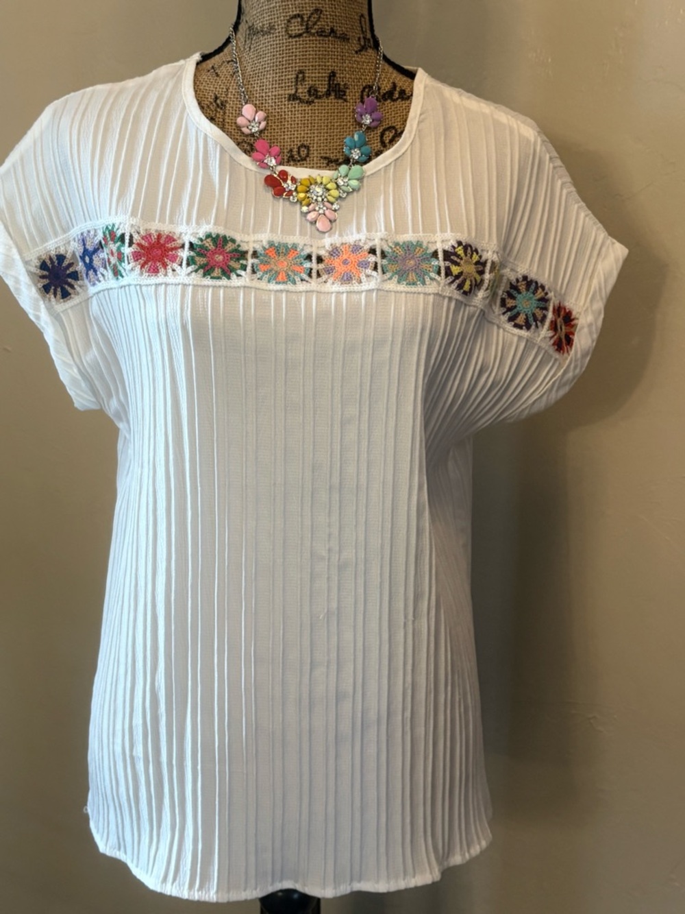 Boho Crochet Trim Top Large White Blouse Embroidered Festival Top + Necklace